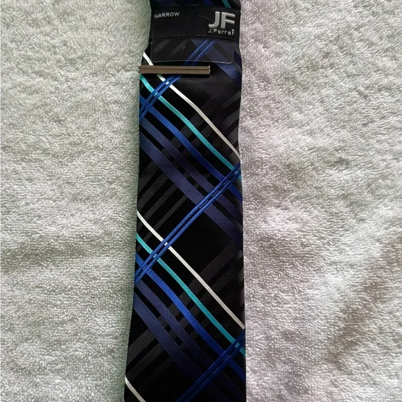 JF J.Ferrar Black and Blue Striped Tie - Picture 1 of 6